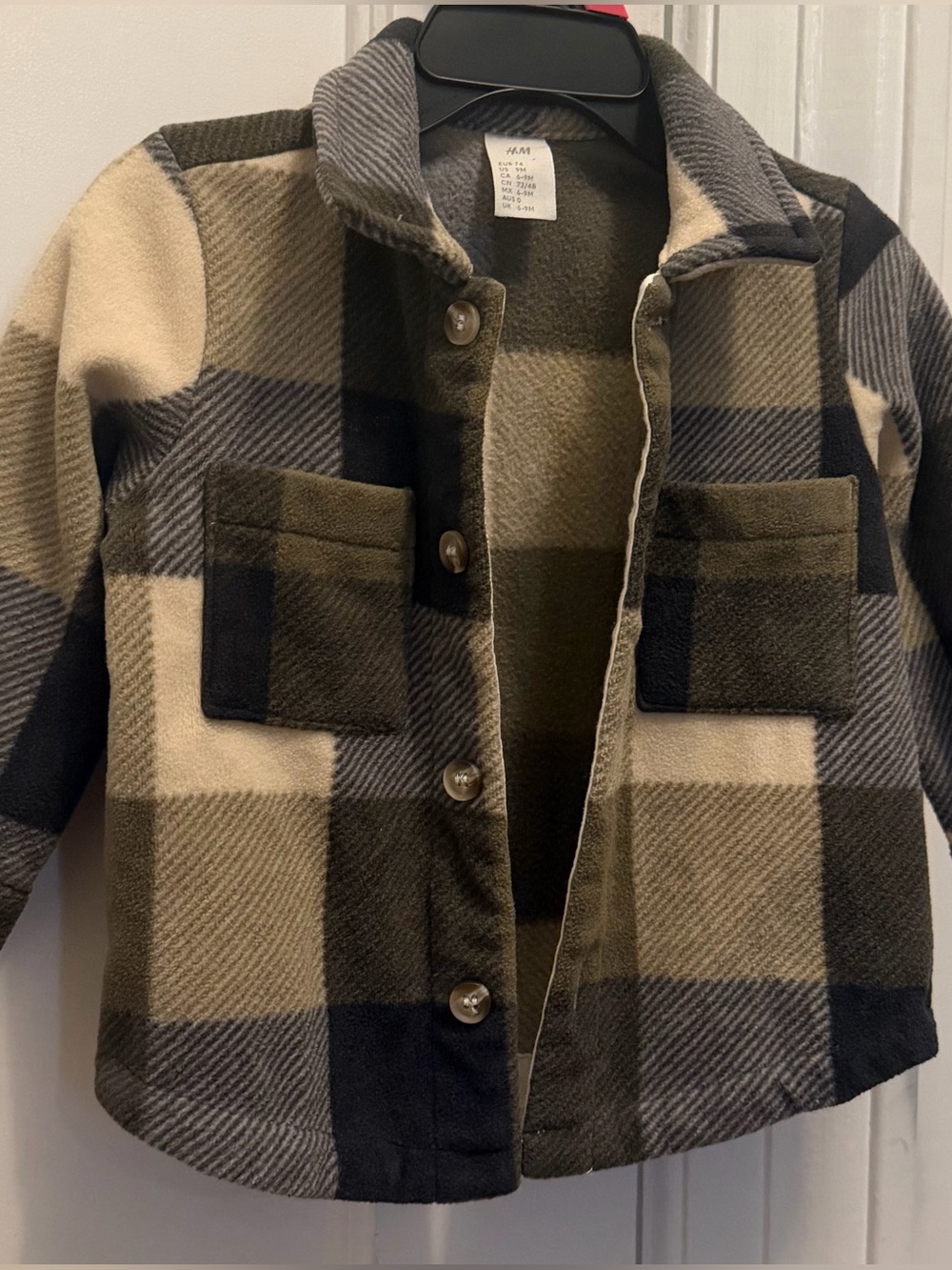 H&M Kids - Plaid Pea Coat in Olive, Cream & Black, 9M